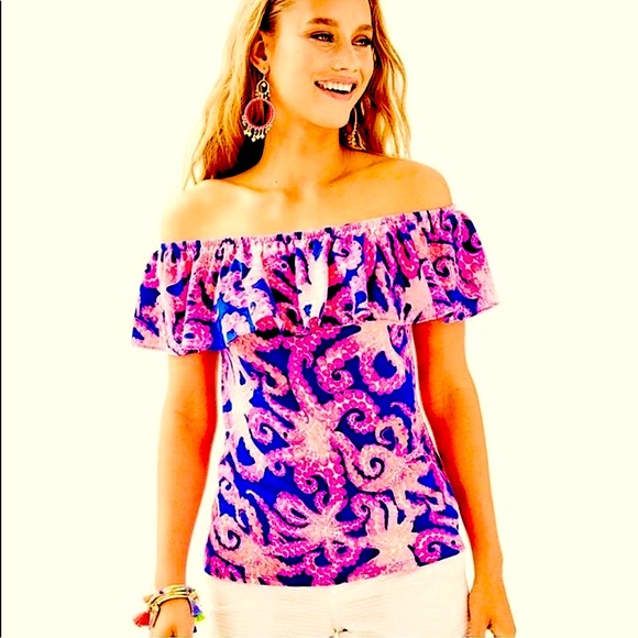 Lilly Pulitzer NWT XS LA FORTUNA TOP Ikat Blue Mocean Off Shoulder Top - Picture 2 of 4